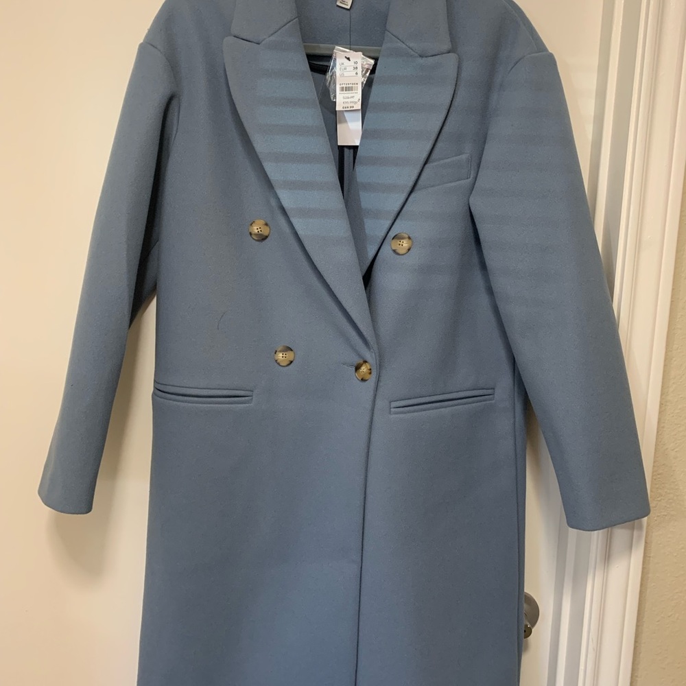 Topshop NWT Denim Blue Brook Longline Double Breasted Coat Size 6